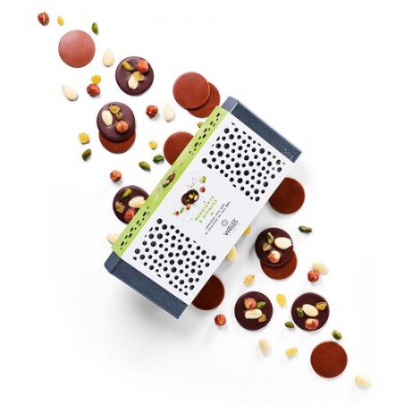 Mendiants et disques - Chocolat noir - Chocolat au lait - Fruits secs - Amandes - Noisette - Coffret à offrir