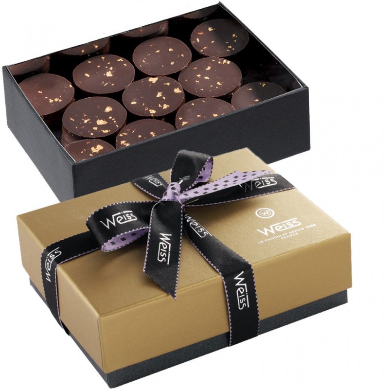 Ballotin Palets Or - Boîte ouverte avec palets or noir - Boîte fermée - Coffret cadeau chocolat - Chocolat à offrir