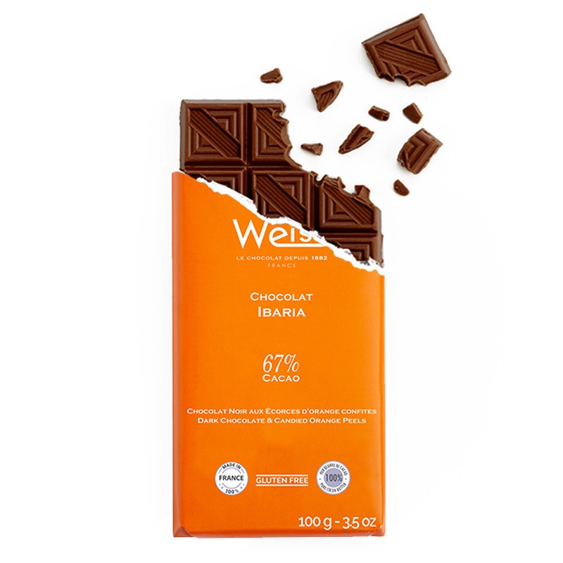 Tablette de chocolat-Chocolat croqué-Chocolat noir-écorces d'orange-Orange-Ibaria
