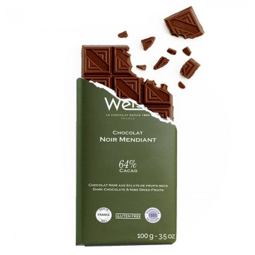 Tablette de chocolat-Chocolat croqué-Chocolat noir-Mendiant-Pistache-Noisette-Amande-Raisin