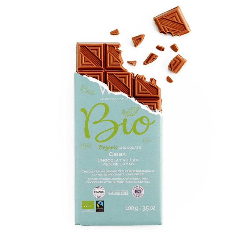 Tablette de chocolat-Chocolat croqué-Chocolat Lait-Pure Origine-République Dominicaine-Ceïba-Bio