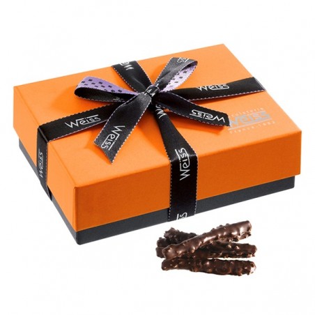 Ballotin de chocolat-Orange-Orange de Navel-Oranges enrobées-Ballotin fermé-Chocolat noir- grain de nougatine