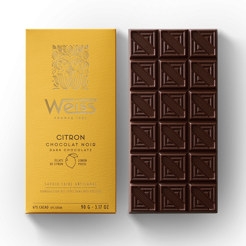 Tablette de chocolat noir - Éclats de citron 67% - 90g Tablette de chocolat noir - Éclats de citron 67% - 90g
