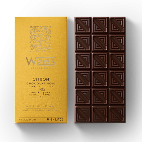 Tablette de chocolat noir - Éclats de citron 67% - 90g Tablette de chocolat noir - Éclats de citron 67% - 90g