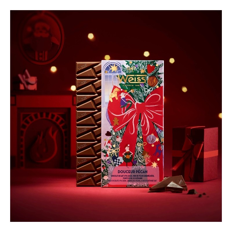 Tablette de chocolat au lait 41% - Noix de Pécan Noël - 90g Tablette de chocolat au lait 41% - Noix de Pécan Noël - 90g