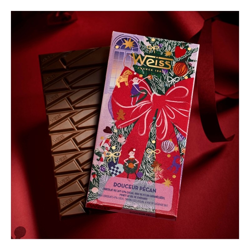 Tablette de chocolat au lait 41% - Noix de Pécan Noël - 90g Tablette de chocolat au lait 41% - Noix de Pécan Noël - 90g