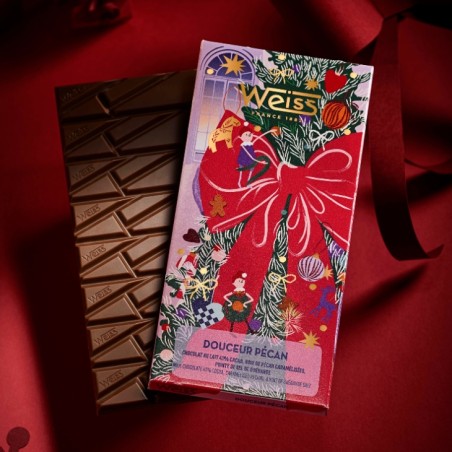 Tablette de chocolat au lait 41% - Noix de Pécan Noël - 90g Tablette de chocolat au lait 41% - Noix de Pécan Noël - 90g