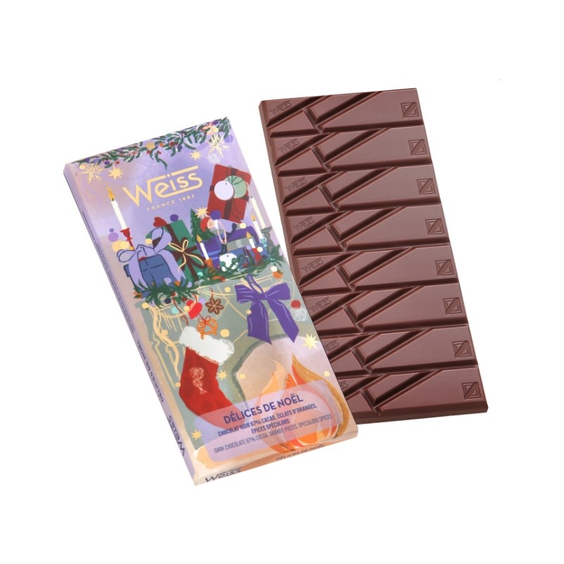 Tablette de chocolat Noir 67% - Orange & Spéculoos Noël - 90g Tablette de chocolat Noir 67% - Orange & Spéculoos Noël - 90g
