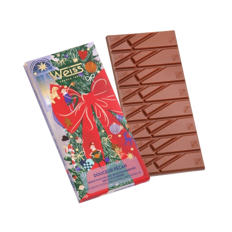 Tablette de chocolat au lait 41% - Noix de Pécan Noël - 90g Tablette de chocolat au lait 41% - Noix de Pécan Noël - 90g